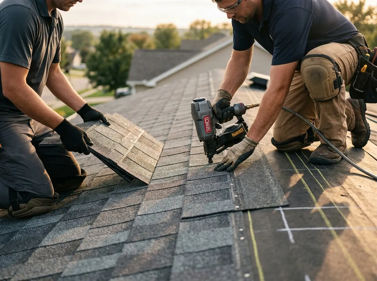 Professional roofer working on a residential roof in Westminster